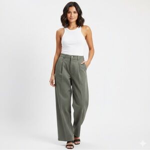 Guess Classics High-Waisted Pleated Wide Leg Pants - Olive - Size 28